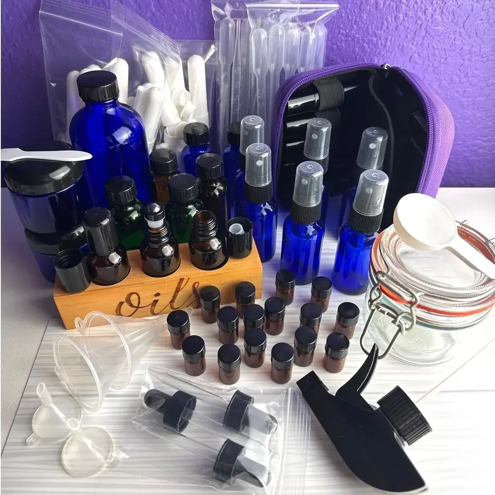 HUGE Essential Oils Bundle of Bottles Roller Dropper Sprayers Travel Jar Holder